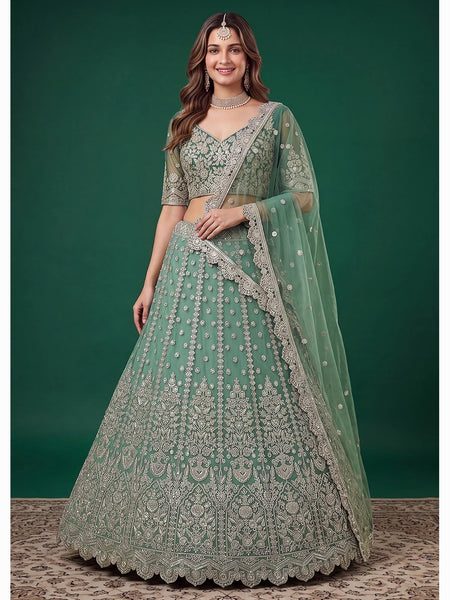 Net Lehenga Choli - Pistachio Green Soft Net Zari Dori & Sequin