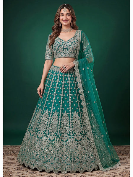 Net Lehenga Choli - Teal Green Soft Net Zari Dori & Sequin Embroidered