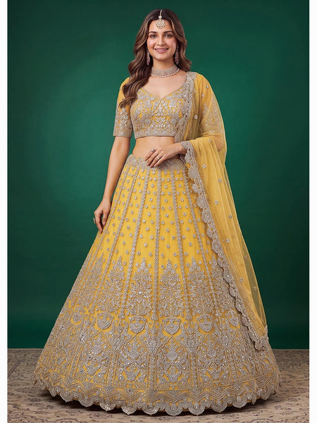 Net Lehenga Choli - Sunshine Yellow Soft Net Zari Dori & Sequin