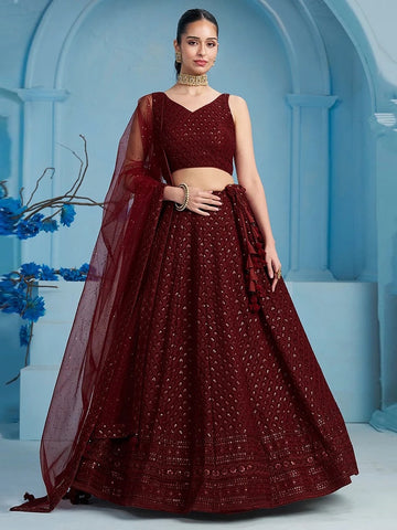 Maroon Georgette Sequins Thread Flowy Wear Lehenga Choli