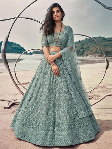 Sage Green Butterfly Net Intricate Sequins Lehenga Choli