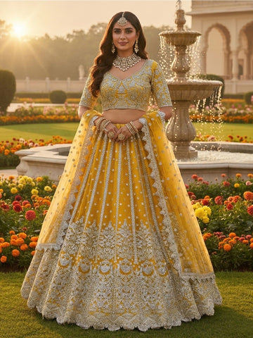 Mustard Yellow Butterfly Net Dori Sequin Lehenga Choli