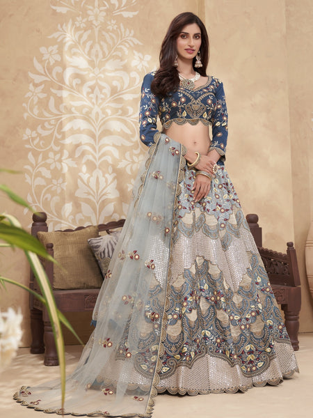 Net Lehenga Choli - Teal Blue Net & Silk Embroidery