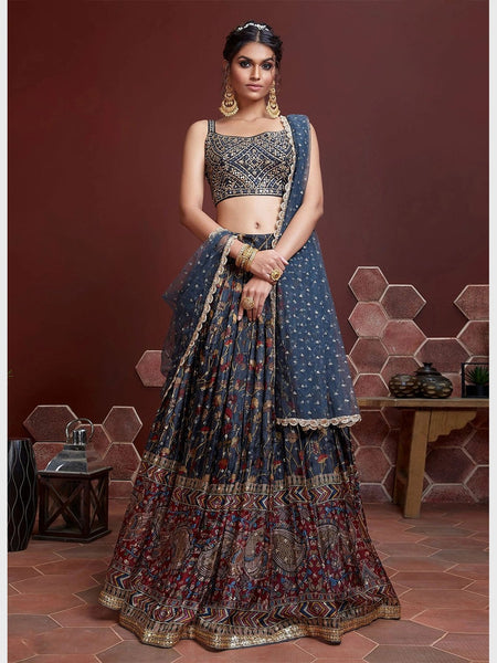  Indian Wedding Dress - Navy Blue Silk Mirror Work Digital Printed Flowy Luxury Wedding Wear