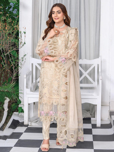Chiffon Pakistani Dress - Ivory Organza Heavy Embroidered Luxury