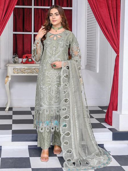 Chiffon Pakistani Dress - Sage Green Organza Heavy Embroidered Straight Cut