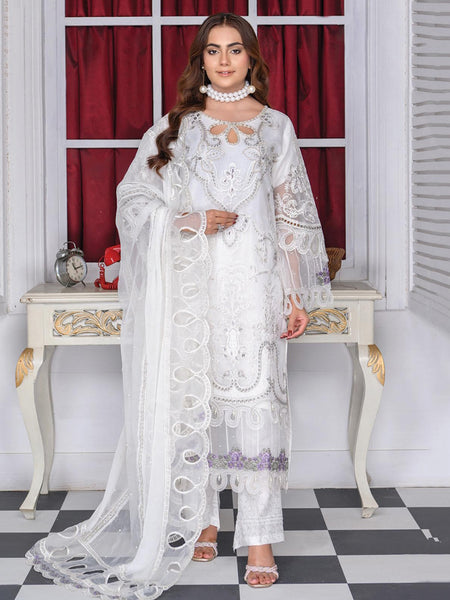 Chiffon Pakistani Dress - White Organza Hand Embroidered