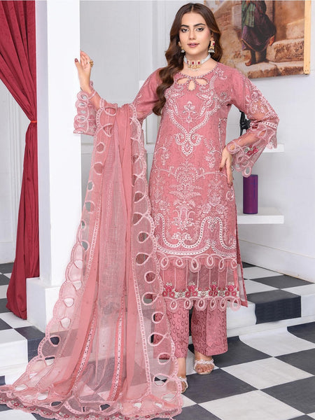 Chiffon Pakistani Dress - Dusty Rose Organza Heavy Embroidered Elegant