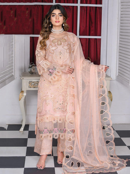 Chiffon Pakistani Dress - Blush Peach Organza Hand Embroidered