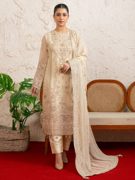  Salwar Kameez - Ivory Beige Chiffon Hand Embroidered