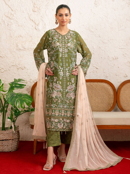  Salwar Kameez - Olive Green Chiffon Floral Embroidered