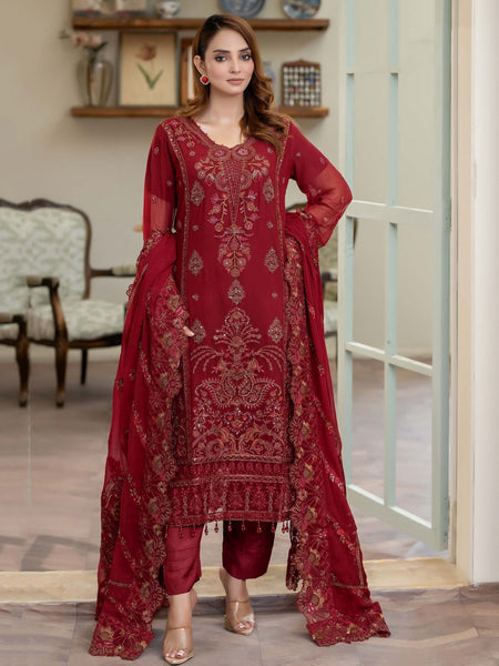  Salwar Kameez - Maroon Chiffon Hand Embroidered Royal