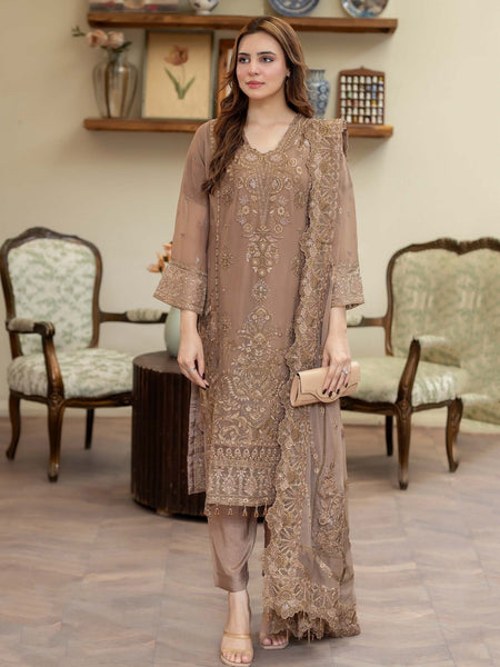  Salwar Kameez - Mocha Brown Chiffon Hand Embroidered Couture
