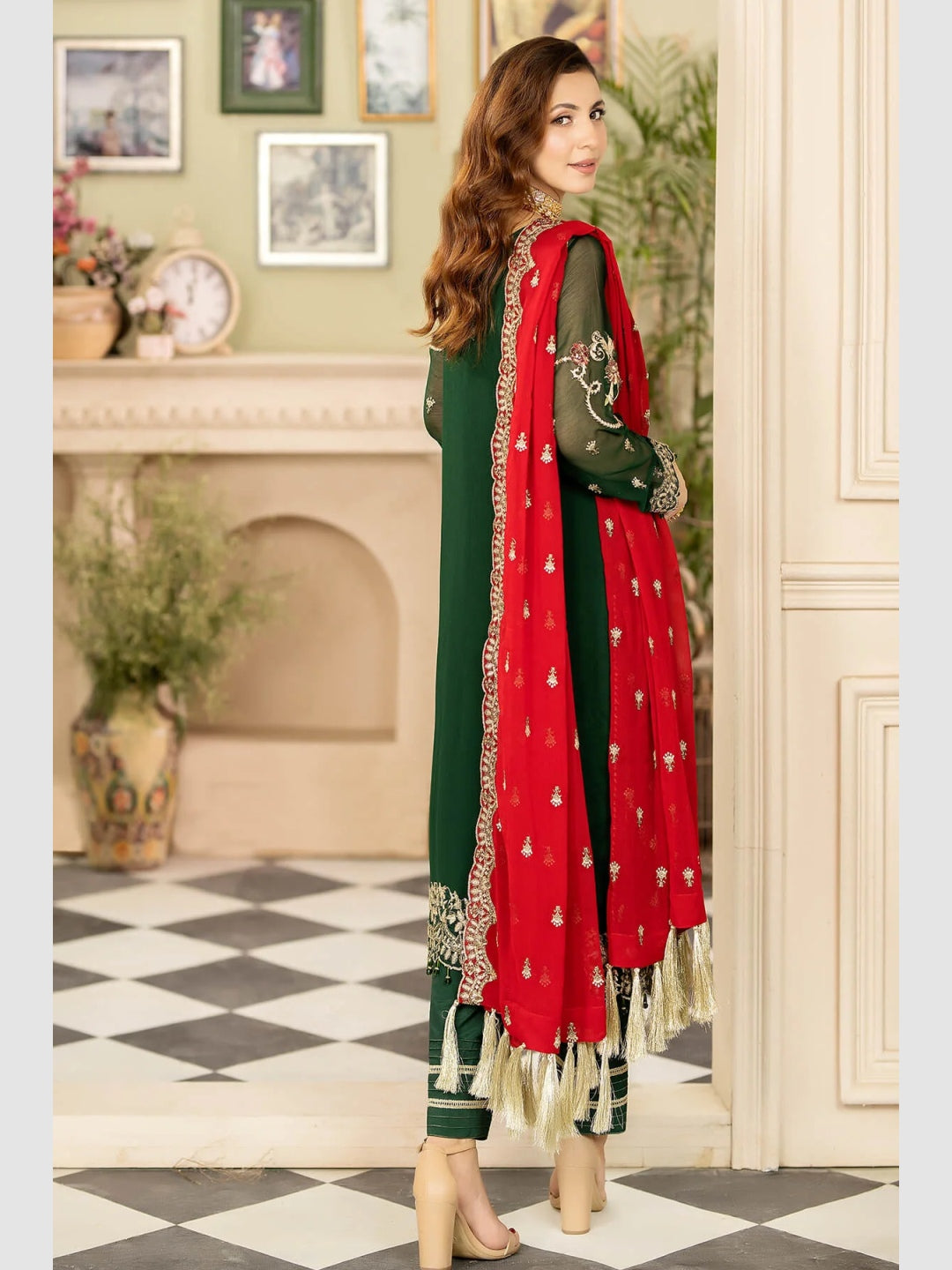 red and green pakistani dress Embroidered Georgette Pakistani Suit in Dark Green