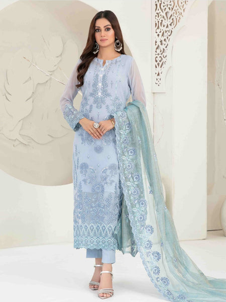 Blue Salwar Kameez - Embroidered Premium Chiffon