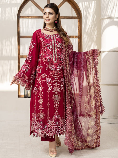 casual red dress pakistani Rose Red Embroidered Pakistani Frock Dupatta Party Dress CUSTOM