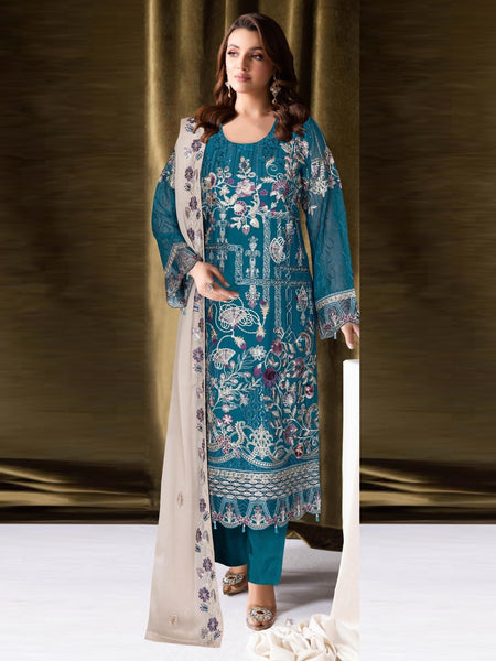 Pant Pakistani Dress - Teal Chiffon Heavy Embroidered Straight Cut Luxury