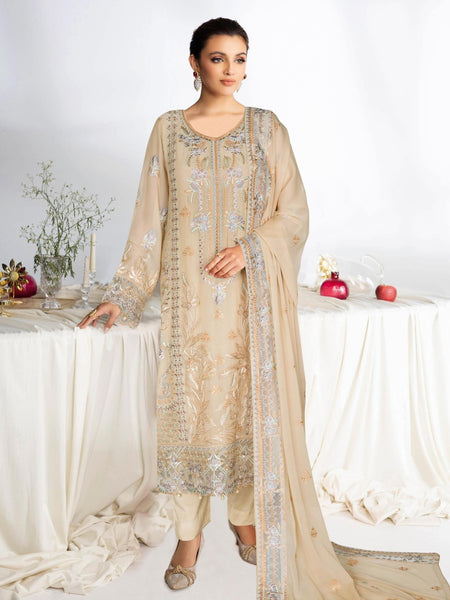 Chiffon Salwar Kameez - Ivory Chiffon Intricate Threadwork Straight Cut Premium
