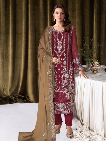 Maroon Chiffon Heavy Embroidered Straight Cut Royal Party Wear Salwar Kameez