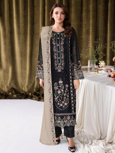 Chiffon Salwar Kameez - Black Chiffon Heavy Embroidered Straight Cut Luxe Party Wear