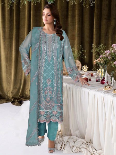Chiffon Salwar Kameez - Aqua Chiffon Heavy Embroidered Straight Cut Designer
