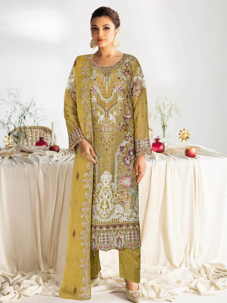 Chiffon Salwar Kameez - Mustard Chiffon Embroidered Straight Cut Traditional Festive Wear
