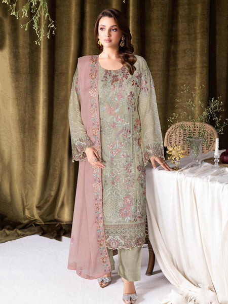 Chiffon Salwar Kameez - Blush Pink Chiffon Floral Embroidered Straight Cut Elegant Party Wear