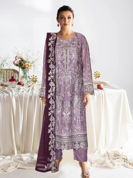 Palazzo Pakistani Dress - Plum Chiffon Heavy Embroidered Straight Cut Royal Wedding Wear