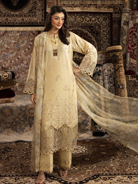 New Salwar Kameez - Beige Lawn Schiffli Embroidered Luxury
