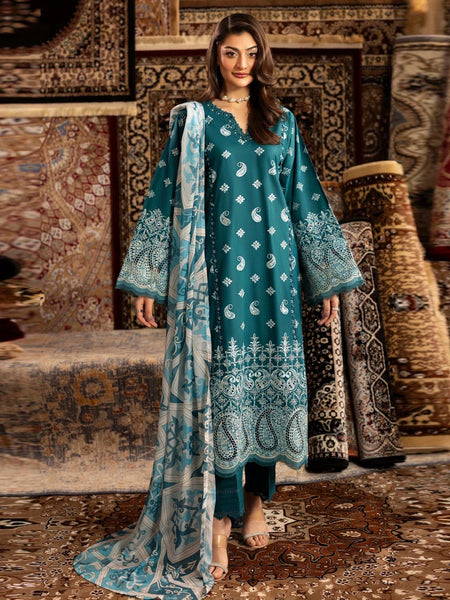 New Salwar Kameez - Teal Lawn Schiffli Embroidered Designer Luxury