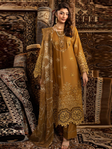 New Salwar Kameez - Mustard Lawn Schiffli Embroidered Royal Premium