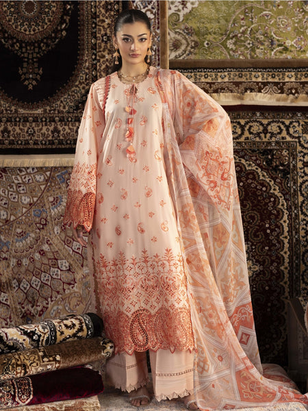 New Salwar Kameez - Peach Lawn Schiffli Embroidered Couture
