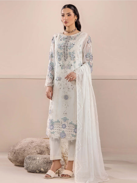 Plus-Sizes Salwar Kameez - Ivory White Pure Chiffon Embroidered Luxury