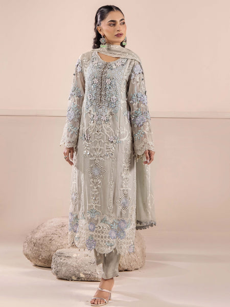 Plus-Sizes Salwar Kameez - Sage Grey Pure Chiffon Heavy Embroidered