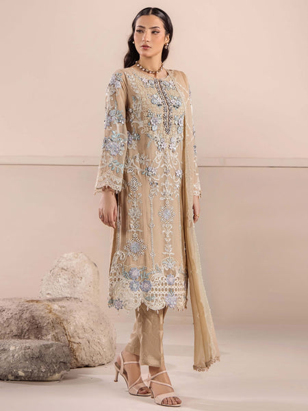 Plus-Sizes Salwar Kameez - Champagne Beige Pure Chiffon Intricate Embroidered
