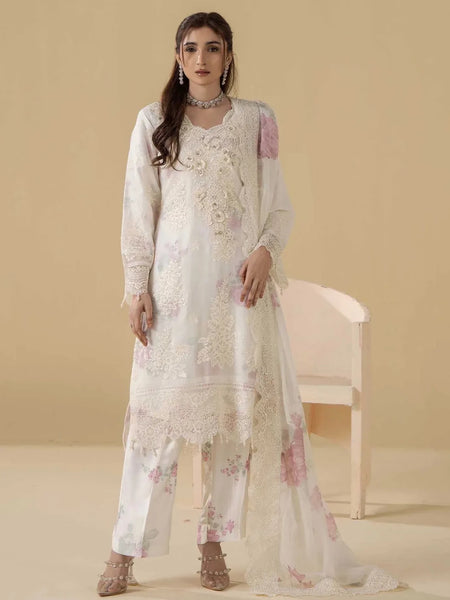 Party Salwar Kameez - Ivory Chiffon Floral Embroidered Festive Wear