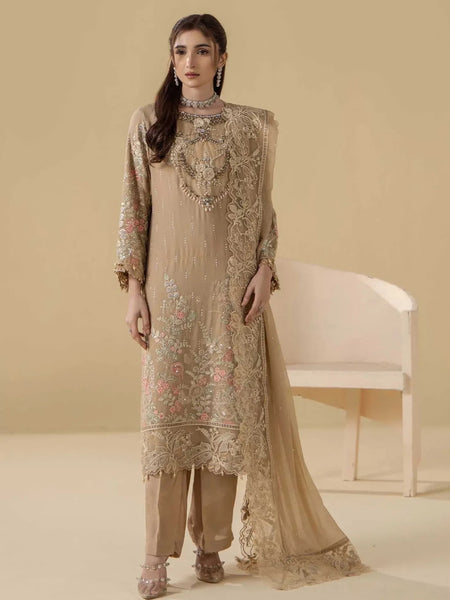 Party Salwar Kameez - Champagne Beige Chiffon Floral Embroidered Luxe