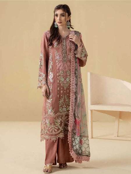 Party Salwar Kameez - Dusty Rose Chiffon Floral Embroidered Elegant