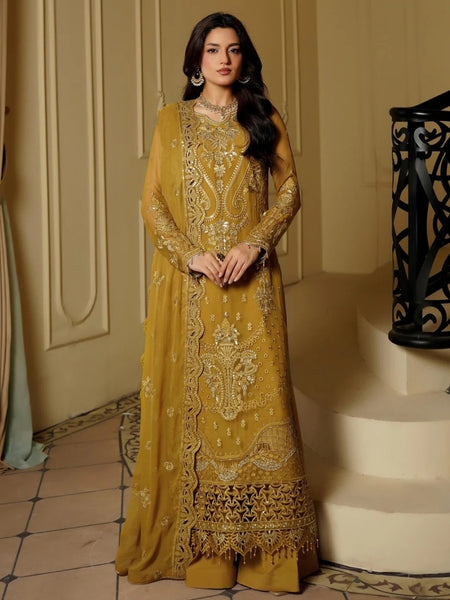 Pant Salwar Kameez - Mustard Gold Chiffon Luxe Embroidered Glam Festive Wear
