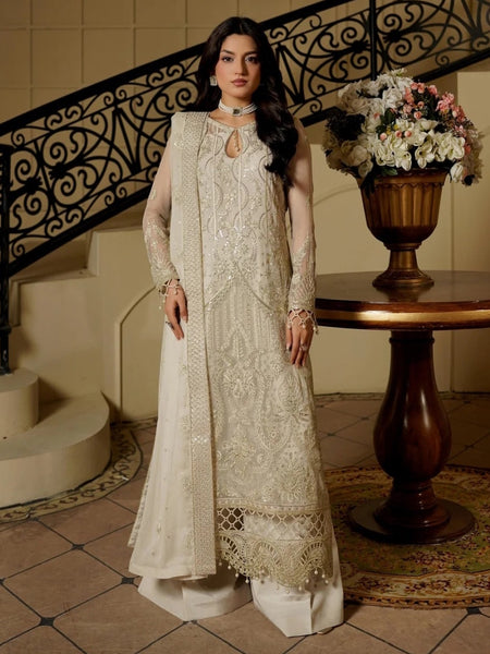 Pant Salwar Kameez - Ivory Chiffon Intricate Threadwork Luxury Wedding Wear