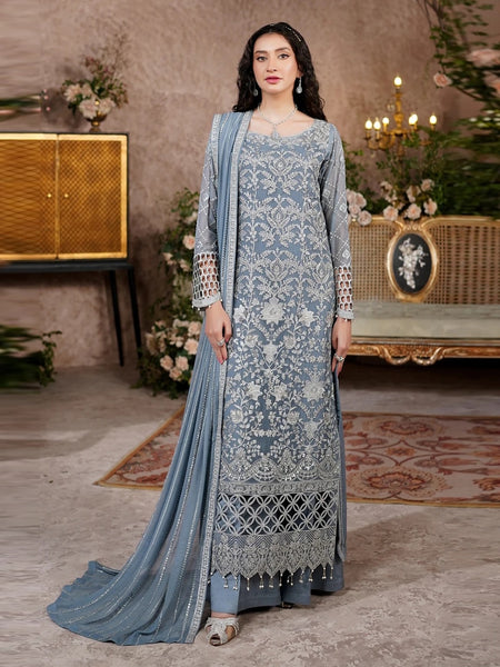 Pant Salwar Kameez - Steel Blue Chiffon Floral Embroidered Premium Party Wear