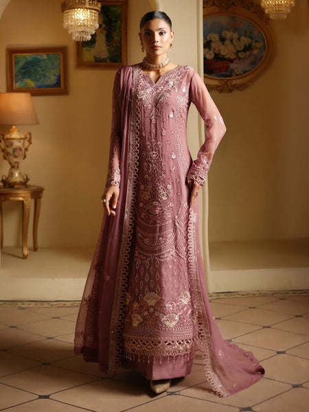 Pant Salwar Kameez - Dusty Mauve Chiffon Intricate Threadwork Elegant Wedding Wear