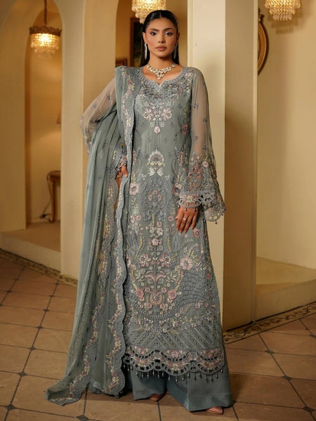 Pant Salwar Kameez - Dusty Blue Chiffon Floral Embroidered Premium Festive Wear