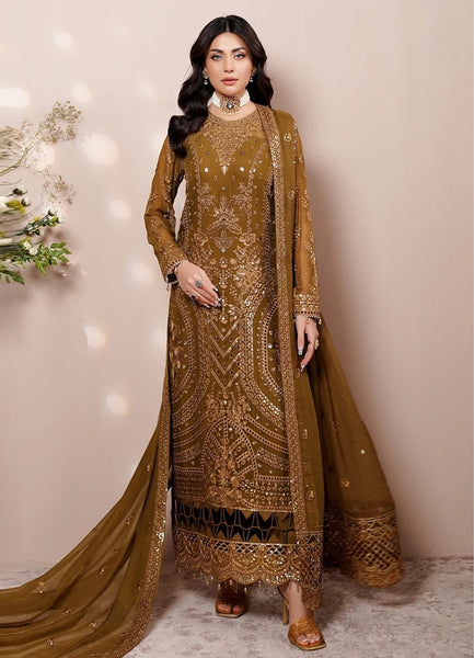Pant Salwar Kameez - Antique Bronze Chiffon Luxe Embroidered Exclusive Wedding Wear