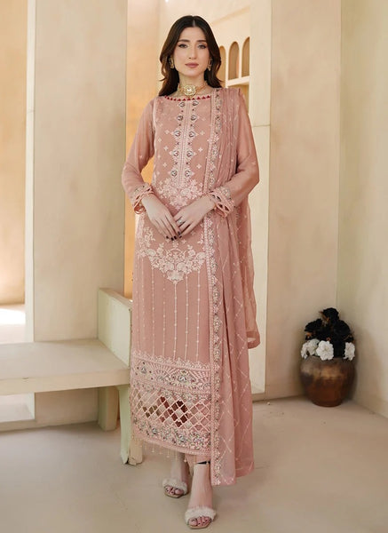 Pant Salwar Kameez - Blush Pink Chiffon Heavy Embroidered Designer Wedding Wear
