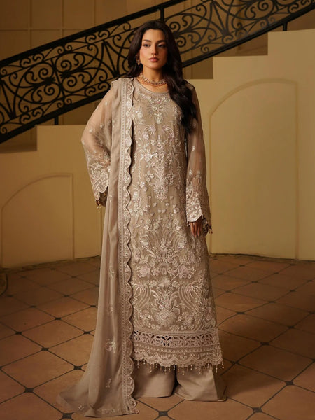 Pant Salwar Kameez - Champagne Chiffon Heavy Embroidered Luxury Reception Wear