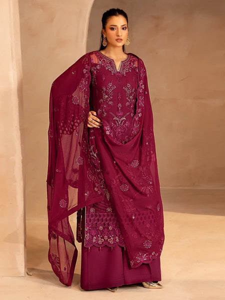 Pant Salwar Kameez - Wine Chiffon Heavy Embroidered Elegant Wear