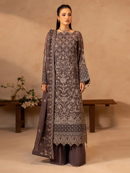 Pant Salwar Kameez - Deep Plum Chiffon Heavy Embroidered Wedding Wear