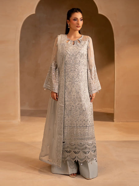 Pant Salwar Kameez - Ivory Chiffon Heavy Embroidered Elegant Wedding Wear
