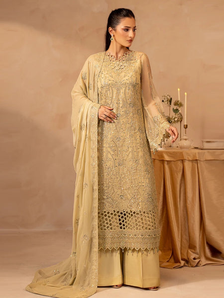 Pant Salwar Kameez - Champagne Gold Chiffon Heavy Embroidered Elegant Wedding Wear